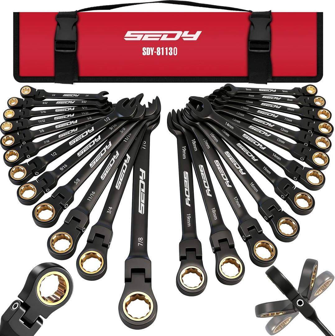 Premium 24-Piece Flex-Head Ratcheting Wrench Set, Metric(819mm)& SAE(1/4-7/8") Combination Wrenches, 72-Tooth CR-V Steel with Durable Black Finish, Ratchet Spanners with Roll-Up Tool Pouch for Repair