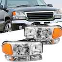 Headlights Assembly Replacement for 1999-2006 GMC Sierra 1500 2500, 2000-2006 Yukon Except Denali Model Head lights Headlamp Assembly, Chrome Housing Amber Reflector (Chrome Amber)