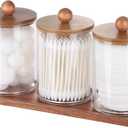 Tbestmax Qtip Holder with Vanity Tray, Clear Bathroom Containers Dispenser for Storage Cotton Swab/Ball/Pad Holder Wood Lids (Group A-Brown Bamboo) 3 Pack