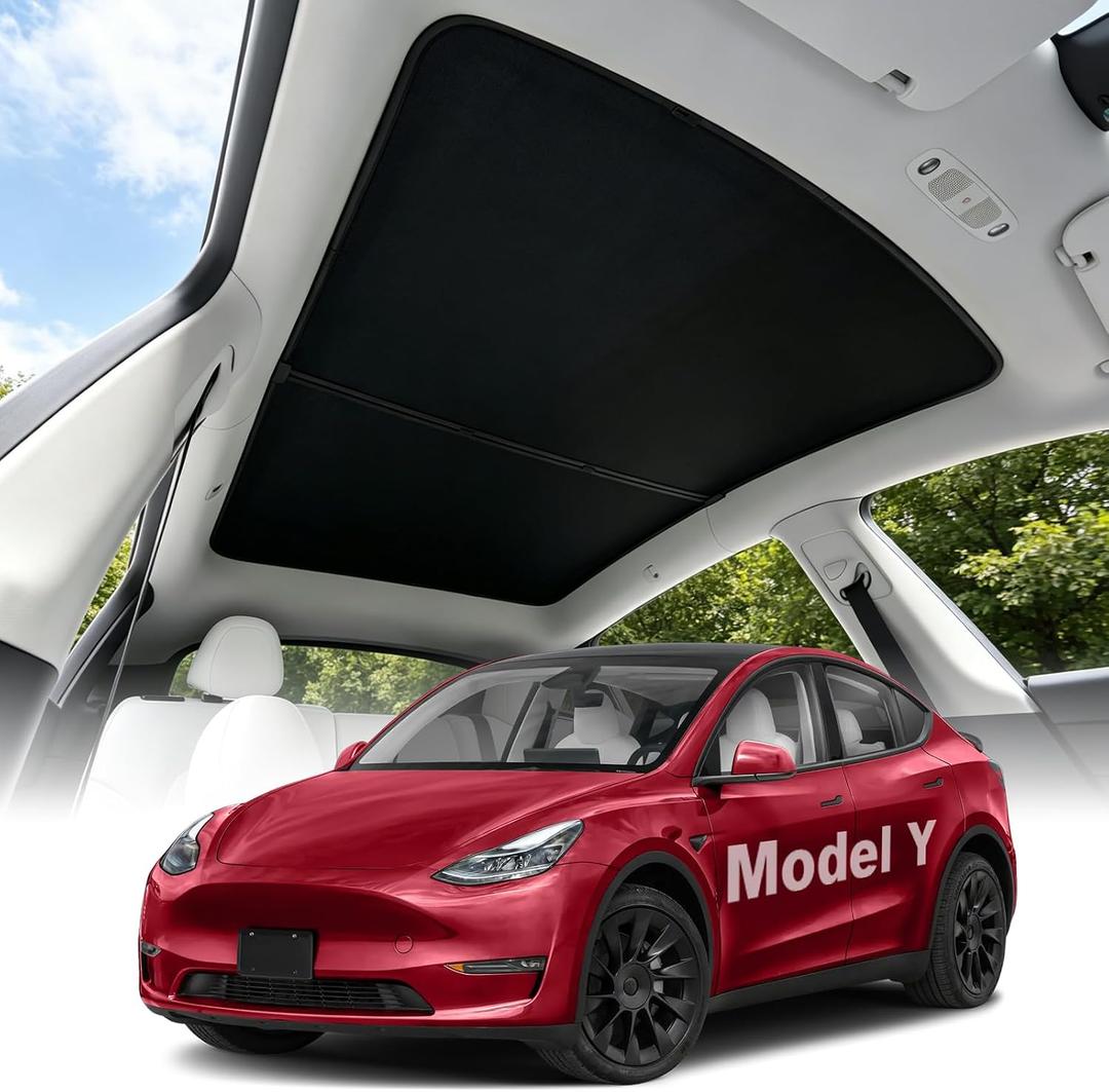 Sunshade Roof for Tesla Model Y 2020-2025 Accessories, Upgraded Carbon Steel Frame [No Sagging] Heat Insulation Glass Sunroof Cover, Dual Layer Cooling Fabric, 2PCS, Interior Black