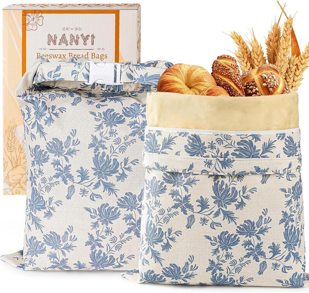 2-Pack Reusable Beeswax Bread Bags for Sourdough & Homemade BreadCotton Waxed Bags Keeps Fresh Longer(Navy Bloom)