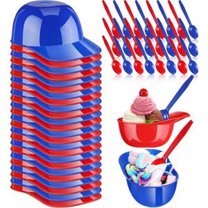24 Count Summer Baseball Helmet Snack Ice Cream Bowl 24 Pcs Disposable Taster Spoons 8 oz Mini Sundae Bowls Dessert Plastic Spoons for Party Supplies(Red, Dark Blue)