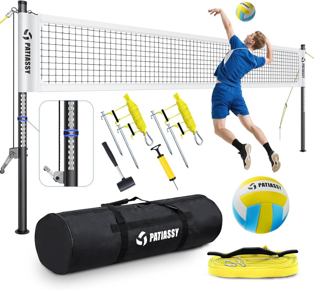 Portable Volleyball Net for Backyard: Patiassy Heavy Duty Professional Outdoor Set with Adjustable Aluminum Poles Winch System Steel Stakes Anti-Sag Design Pump and Carrying Bag for Beach Grass