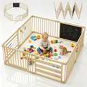 64x64in Foldable Wooden Baby Playpen with Gate, Child Safety Lock, CPC Certified Play Yard with Suction Cups, Chalkboard & Activity Toys, Expandable Toddlers Playpens Great Gifts for Babies