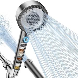 PWERAN Filtered Shower Head with Handheld, High Pressure 4 Spray Mode Showerhead with Filters, Water Softener Filter Beads for Hard Water with ON/OFF Switch for Pets - Remove Chlorine (Gray)