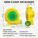 Air Blower, 480W 0.64HP Bounce House Blower, Portable Inflatable Bubble HOU-se Blo-wer, Perfect for Inflatable Bounce House, Bouncy Castle, Jumper, Water Slid, Corded(480 Watt 0.6HP)