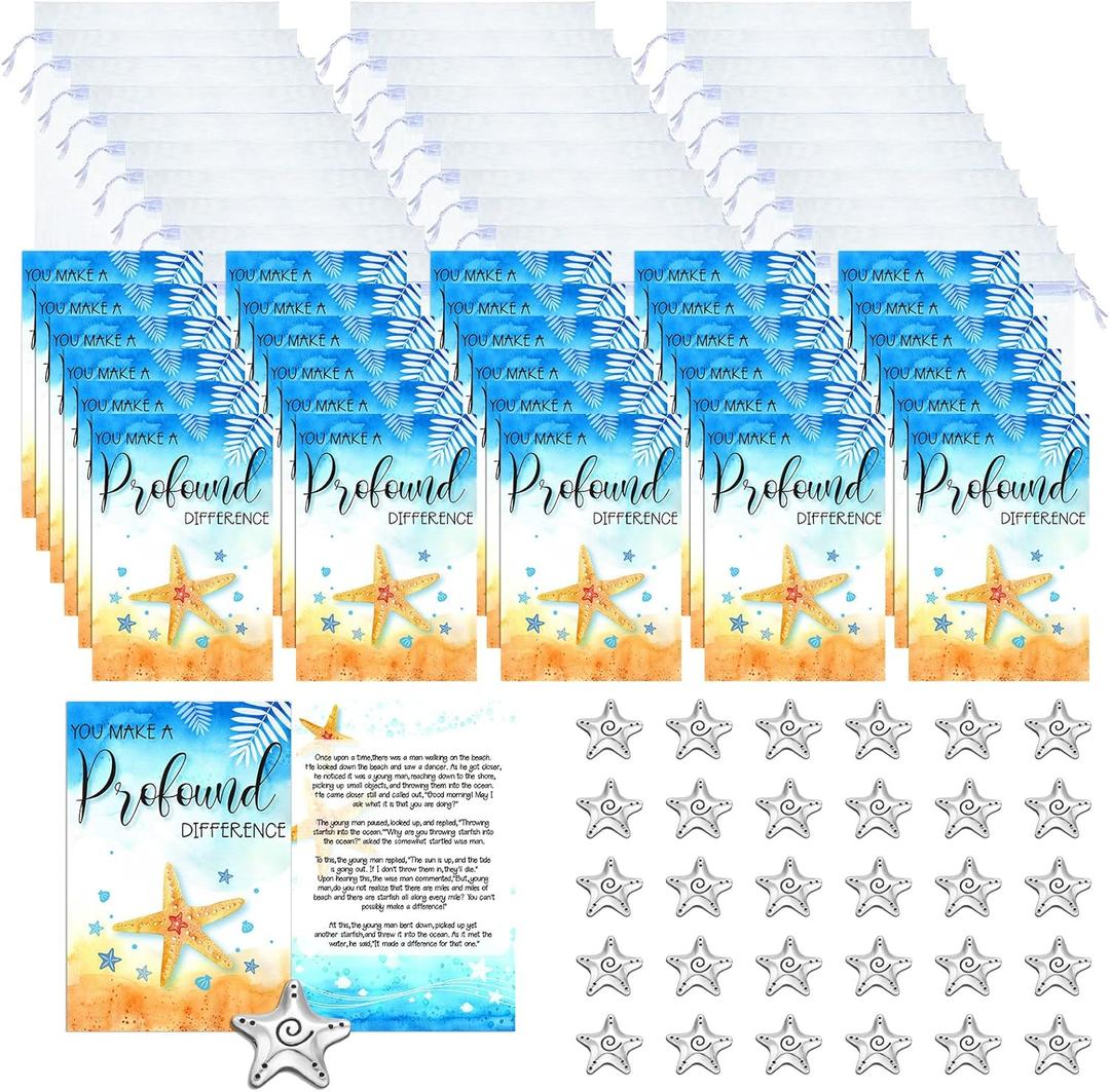 90 Pcs Starfish Story Gifts Mini Keepsake Appreciation Notecards Set Starfish Story Wallet Sized Cards Employee Gifts Drawstring Bags and Charms for Teacher Women Men, (Vivid Style)