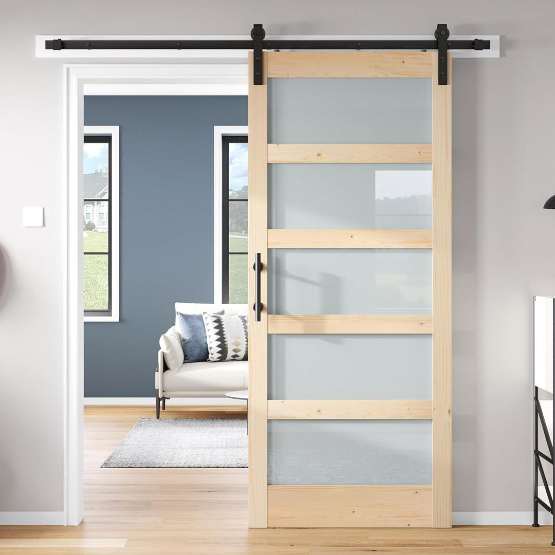 34x84 inch Glass Sliding Barn Door Slab with 6ft Hardware Kit Included, 5-Panel Frosted Glass, Spruce Wood Support DIY Dyeing, Easy Assembly