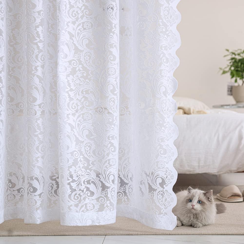ALIGOGO White Lace Curtains 84 Inches Long-Vintage Floral Lace Sheer Curtains for Living Room 2 Panels French Pricacy Scalloped Rod Pocket 52 W x 84 L Inch, White
