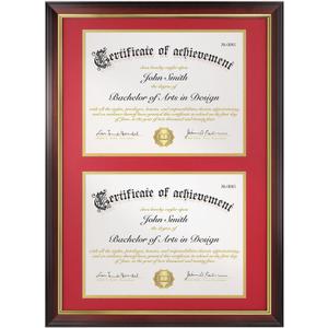 Double Diploma Frame 14x20, Display Two 8.5x11 Degree, Certificates, Documents, Tempered Glass with Acid-Free Red over Gold Mat, Dual Diploma Frame for Graduation, Mahogany with Gold Trim