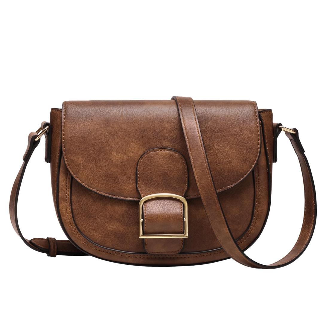 Kasqo Crossbody Bag for Women,Vegan Leather Fashion Small Shoulder Bag Ladies Handbag Saddle Purse with Adjustable Strap Brown
