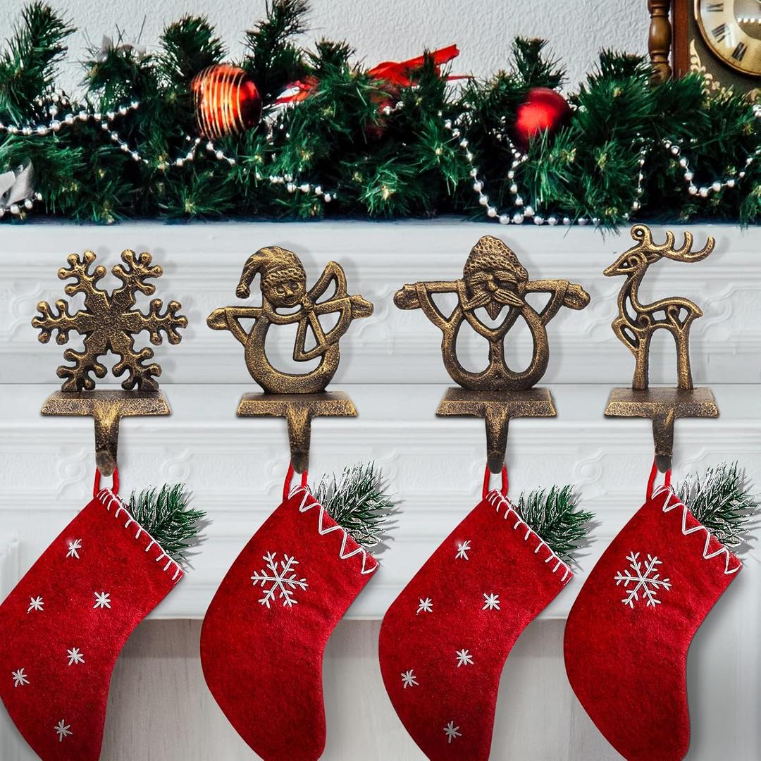Retro Christmas Stocking Holders for Mantel - Set of 4 Vintage Heavy Hangers for Fireplace Decorations - Reindeer, Snowflake, Santa, Snowman Hooks
