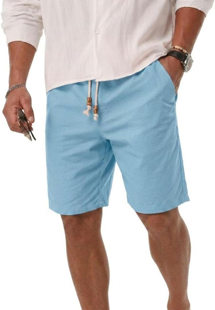 Sailwind Mens Cotton Linen Shorts Casual Elastic Waist Drawstring Summer Beach Vacation Shorts with Pockets (Blue, M)