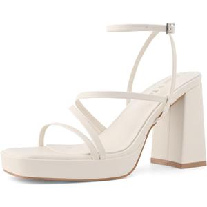 Shoe'N Tale Platform Heels for Women Strappy Block Chunky Heels Square Toe Ankle Buckle Sandals (7.5, Beige Ivory)