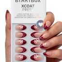 BTArtbox Press On Nails Short - Rococo Bloom, Red 3D Flower Pearl Almond French Tip Press On Nails with Glue and Adhesive Tabs for Women, Soft Gel Glue On Nails in 16 Sizes - 32 Stick On Nails Kit