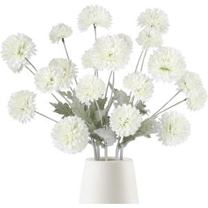 Faux Kiku Flower White 5 Bundles 20 Heads 23.62" Pompon Mum Artificial Flower Silk Chrysanthemum with Stems Fake Pom Balls for Home Room Decor Wedding Centerpieces DIY Arrangements (White)