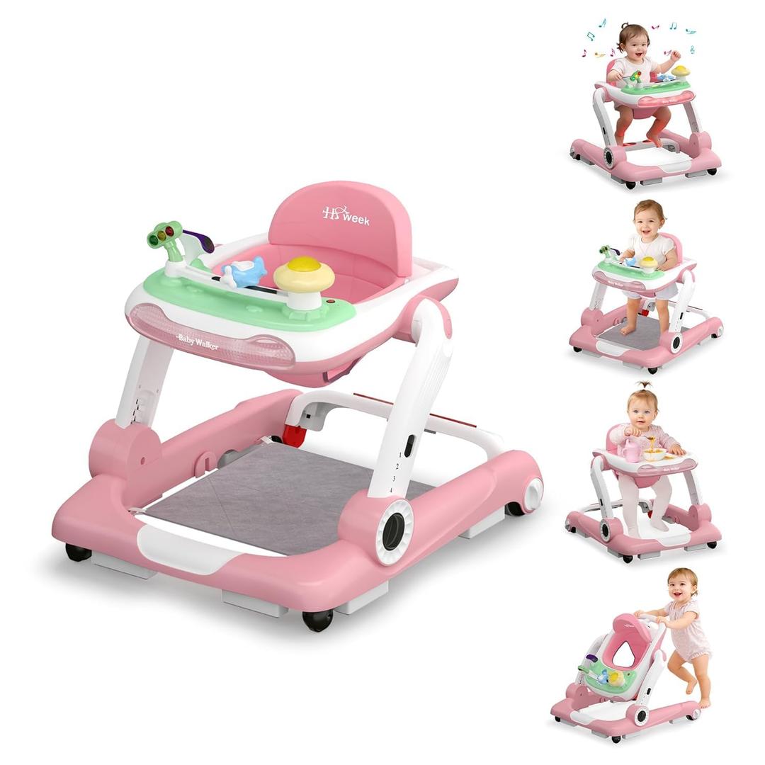 Baby Walker with Wheels, 5 in 1 Walker for Baby Boy Girl 6-12 Months with Bouncer, Music and Lights Baby Jumper Activity Center, Adjustable Height Speed, Push Walker for Ages 6-18 Months Toddler (Pink)