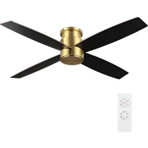 WINGBO 52" Flush Mount DC Ceiling Fan without Lights, 4 Reversible Blades, Ultra Quiet 6-Speed DC Motor, Hugger Low Profile Indoor Ceiling Fan No Lights, Brass Finish