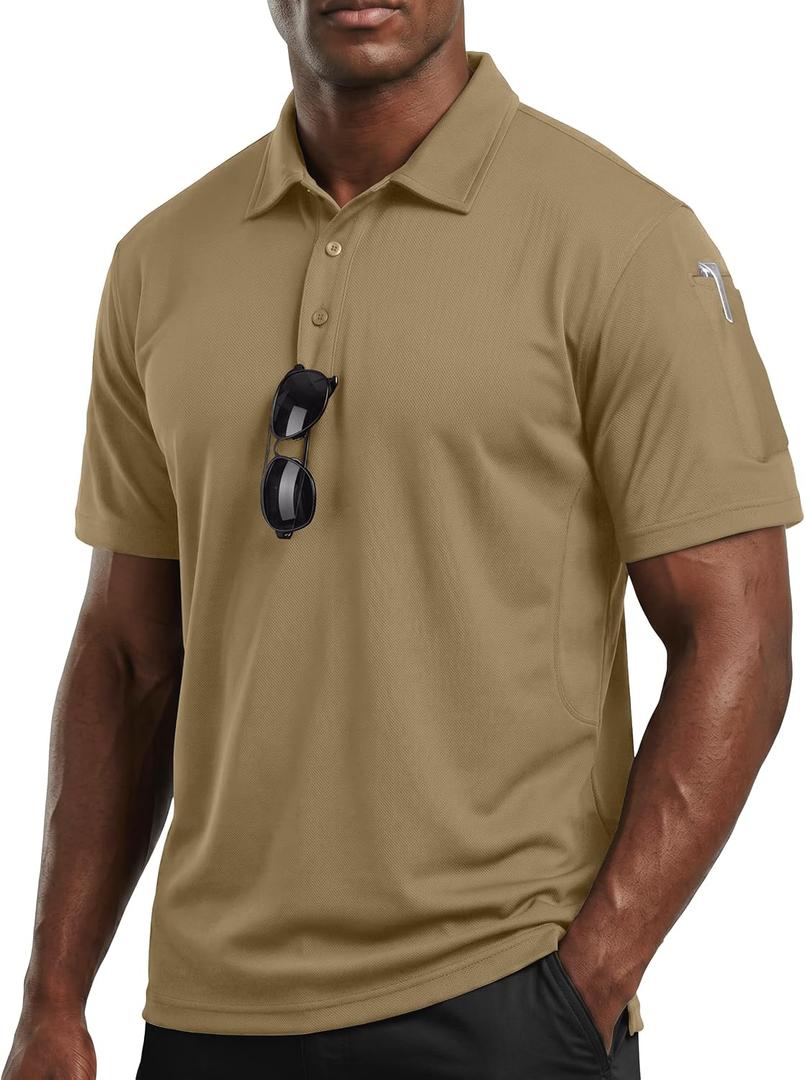 Breathable Pique Jersey Mens Polo Shirt UPF 50+ Quick Dry Performance (Beige, M)