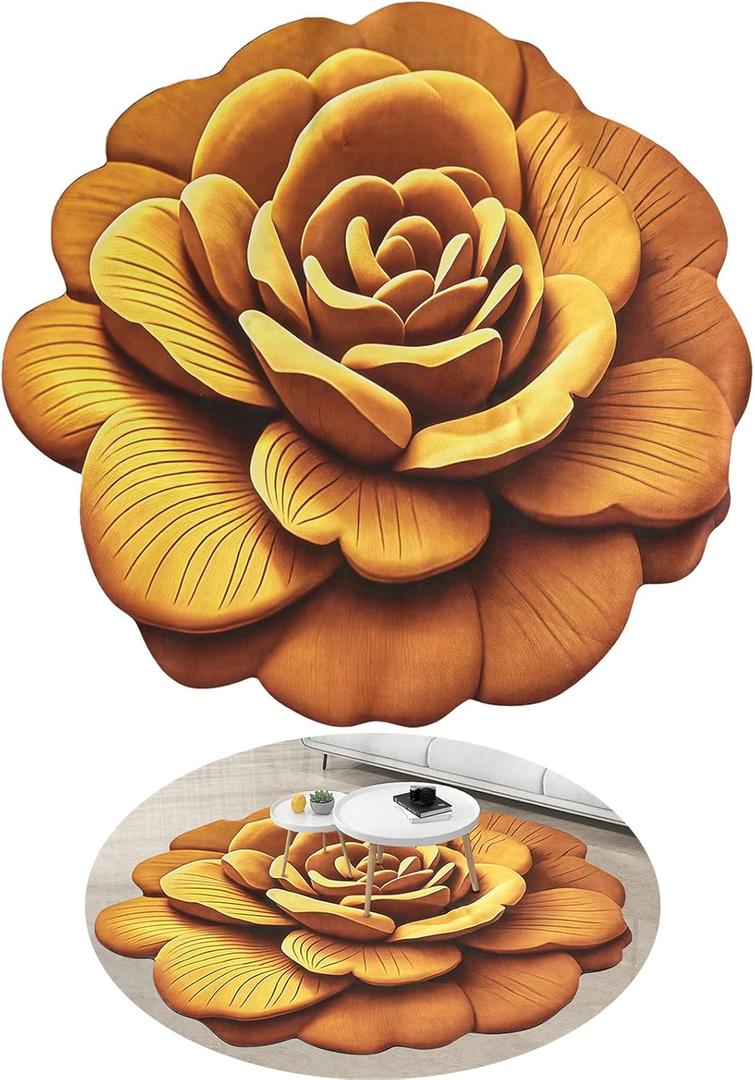 Flower Design Round Area Rugs,Absorbent Quick Dry Kitchen Rugs,Washable Decorative Irregular Bedroom Rug, Anti Slip Flower Rug,Yellow,47x47 Inches,1 Piece