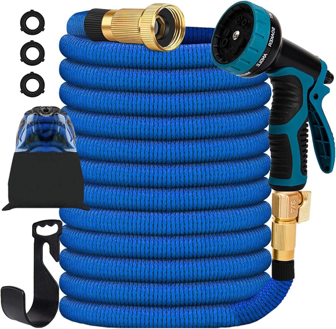 Expandable Garden Hose 75 ft Water Hose with 10 Function Spray Nozzle, Lightweight Flexible Hose with 3/4 Inch Solid Fittings and 4-Layer Latex Core, 75ft Retractable Stretch Hose (Blue)