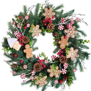 Bibelot Christmas Winter Wreaths for Front Door, 24 Inch Christmas Wreath with Candies, Pine Cones, Gingerbread Men Decoration Wreath for Indoor Outdoor Farmhouse Home Wall Window