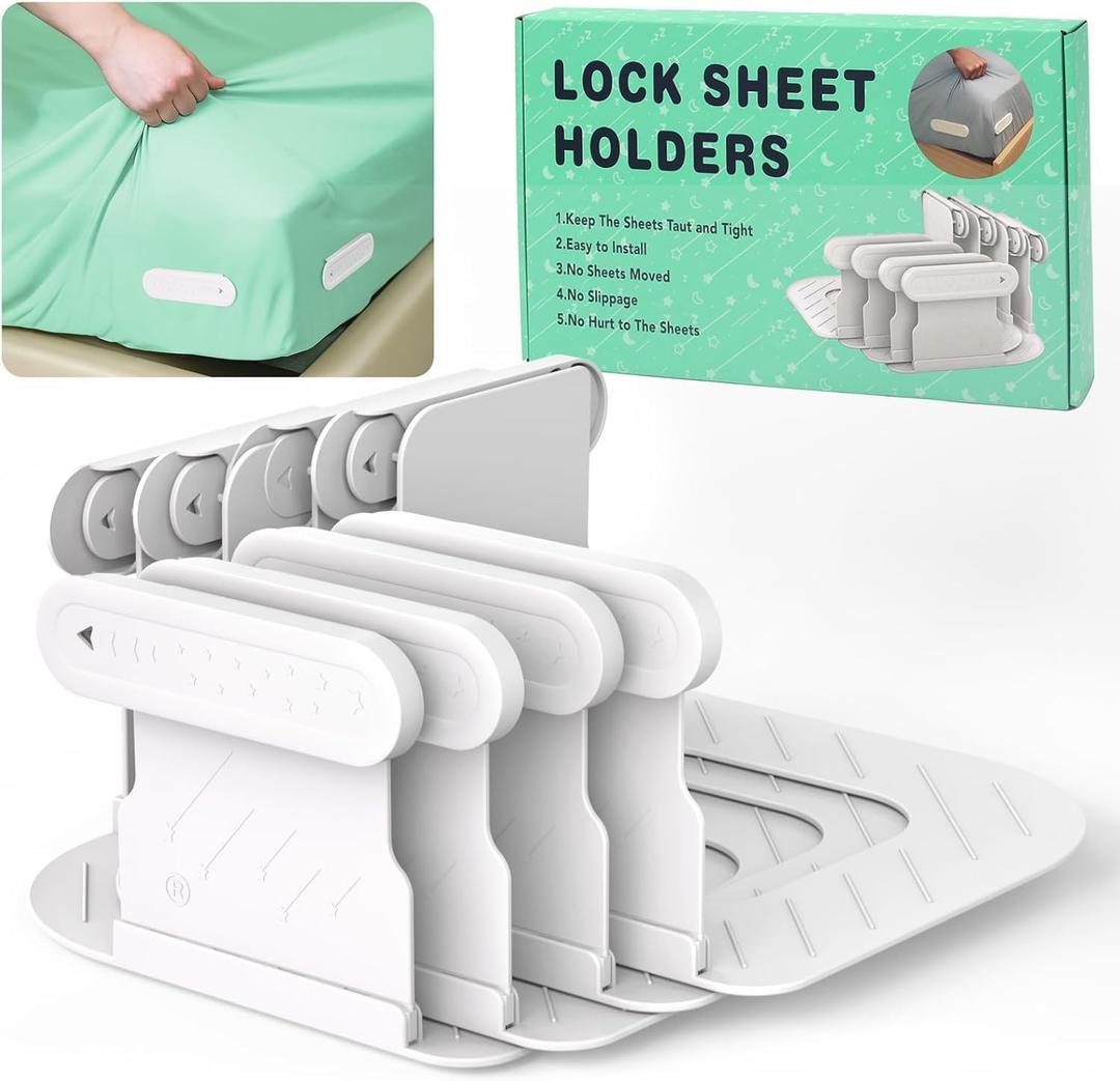 Bed Sheet Holders for Corners, 4Pcs Sheet Holders Keep Sheets Firm&Tight, Lock Sheet Holders, Heavy Duty Fitted Sheet Holders, Sheet Clips, Fit All Mattress Sizes, Easy Installation