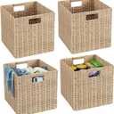 TAIMEI&G02 12x12x12inch Plastic Wicker Cube Baskets Large Square Foldable Handwoven Laundry Organizer Set of 4, Beige