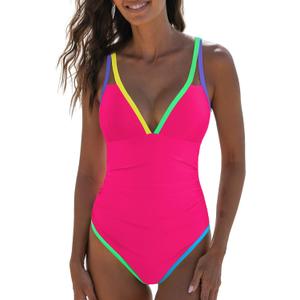 popvil Women's One Piece 2025 Tummy Control Swimsuits Neon Color Block Swimwear Deep V Neck Slimming Bathing Suit (Large, Hot Pink)