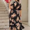 Keluummi Plus Size Summer Wedding Guest Maxi Dress for Curvy Women, V Neck 3/4 Sleeve Empire Waist A Line Floral Long Dress (Black, L)