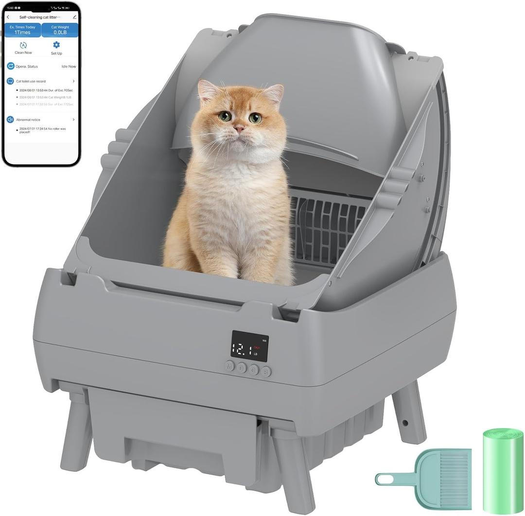 Automatic Cat Litter Box Self Cleaning - APP Control, Open-Style Design, Smart Health Monitor, Suitable for Medium Cats and Kittens, Safe Anti-Pinch, Quiet, A Lifelong Companion - Grey, 19.3"L x 19.7"W x 24.3"H