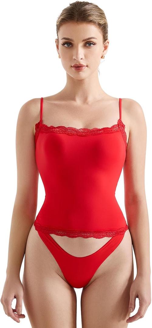 SUUKSESS Women Lace Double Lined Camisole Top Spaghetti Strap Going Out Tank Top (Medium, Red)