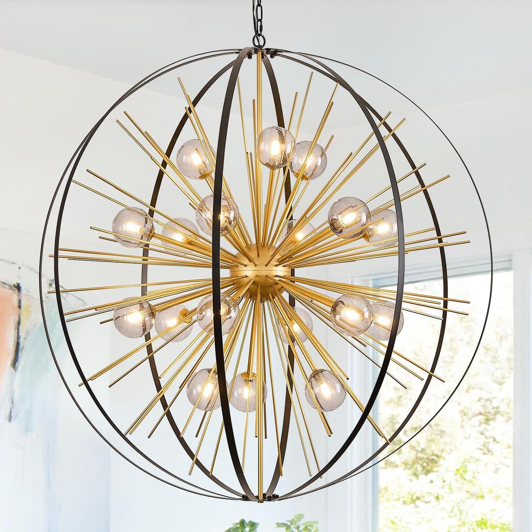43.2" Modern Huge Black Gold Sputnik Chandelier Mid Century 18 Lights Tall Ceiling Firework Globe Pendant Light with Smoke Class Lampshades for Foyer Staircase Entryway Living Room