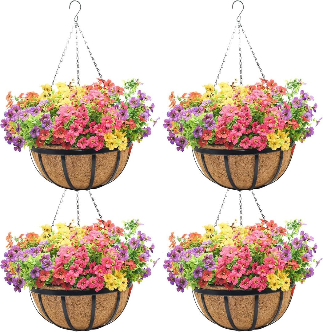 ZVOWOS 12 Inch Black Flat Iron Metal Hanging Planter Basket with Coco Coir Liner(4 Pack) Hanging Planters for Outdoor Plants Hanging Baskets for Plants Flower Pots for Deck Patio Porch Garden Balcony