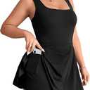 SOLY HUX Women's Plus Size Sleeveless Rompers Square Neck Athletic Tennis Dress Built in Shorts (XX-Large Plus, Plain Black)