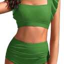 Kate Kasin Womens High Waisted Bikini Sets Ruffle Tummy Control Swimsuits Full Coverage Cheeky Two Piece Bathing Suit, Green, Small