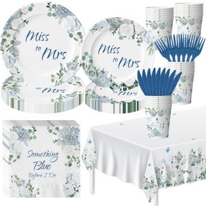 145 Pcs Something Blue Before I Do Bridal Shower Decorations Dusty Blue Floral Disposable Paper Plates and Napkins Tableware Set for 24 Guests, Miss to Mrs Decorations for Wedding Engagement Party