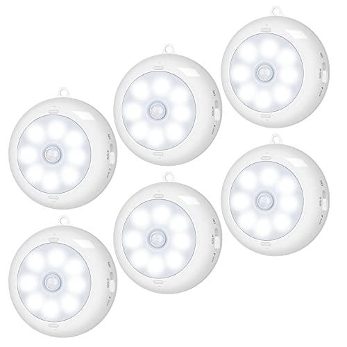 BLS Motion Sensor Light Indoor, Wireless LED Night Light, Under Cabinet Lighting, Battery Powered Puck Lights for Closet, Kitchen, Stairs, Wall, AA Battery Operated, Stick on, Dimmable, White, 6 Pack