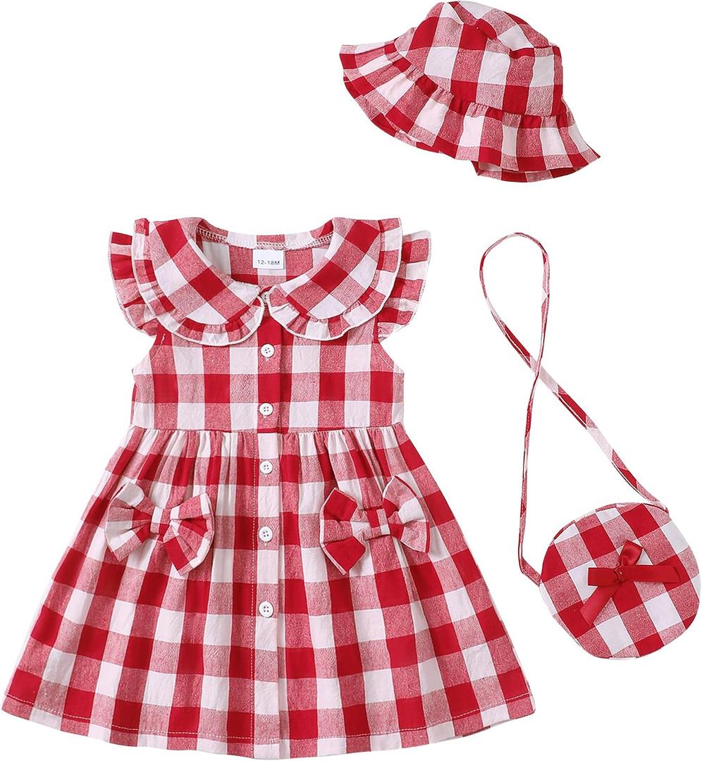 SODLON Toddler Baby Girl Dress Summer Clothes Infant Ruffle Peter Pan Collar Plaid Dresses Casual Bowknot Sundress for Girls (Red)