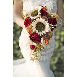 Ansofi 9 Inch Vintage Sunflower Wedding Bouquets for Bride Artificial Burgundy Rose Cascading Bridal Bouquet Burnt Orange Rustic Toss Bouquet for Wedding Ceremony Party Church Decor