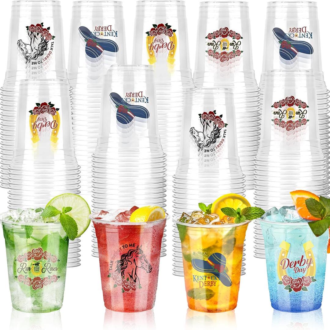 100 Pcs Derby Plastic Cups, 16 oz Mint Julep Disposable Party Cups for Horse Racing Derby Party Supplies