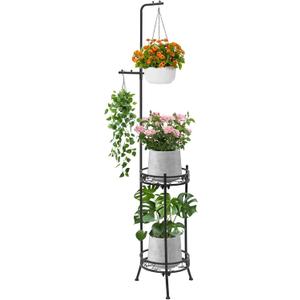 CZWL&HG Hanging Plant Stand Adjustable 2-Tier 72" Metal Shelf -Tall Indoor/Outdoor Plant Rack with Hangers for 4 Potted Flowers, Corner Shelf for Living Room & Patio (Black)