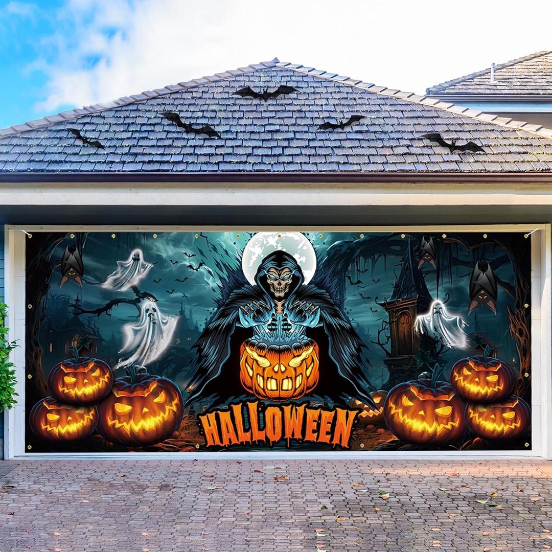 Trgowaul Happy Halloween Garage Door Decorations, 7 * 16Ft Garage Door Cover Banner Backdrop, Pumpkin Grim Reaper Indoor Outdoor Party Supplies Photography Background Sign Poster