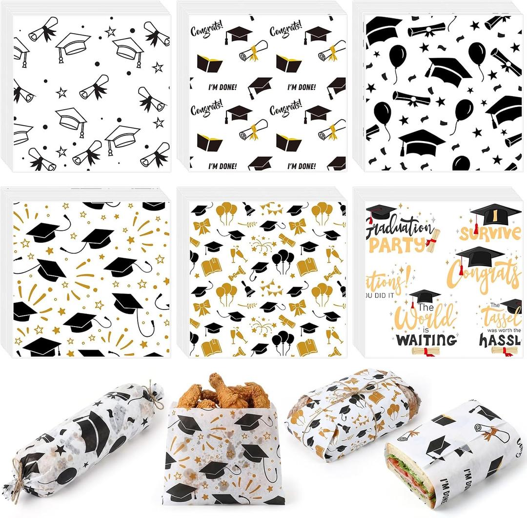Reallnaive 300 Pcs Graduation Wax Paper Sheets 12 x 12 Inch Black and Gold Parchment Deli Tissue Paper Sandwich Wrapping Sheets Food Basket Liners for Kitchen Restaurant Baking Supplies, 6 Styles