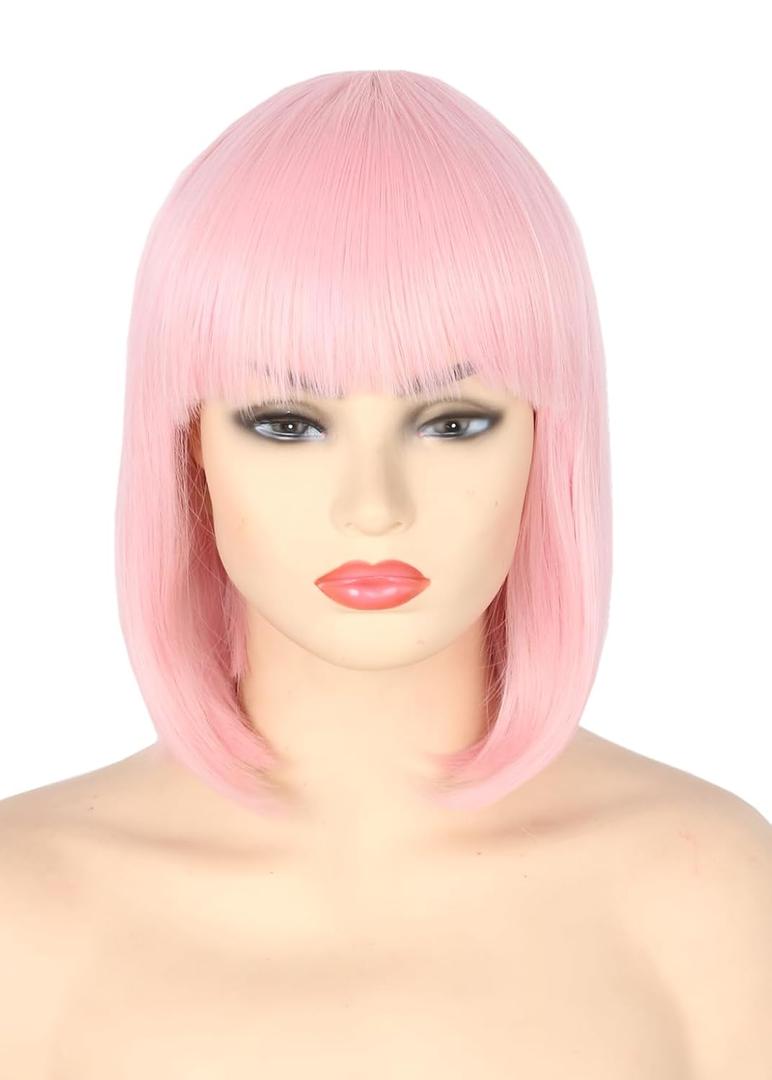 Women's Bob Wig Pink Short Fiber Straight Cosplay Wig With Bangs Halloween Costume Wigs