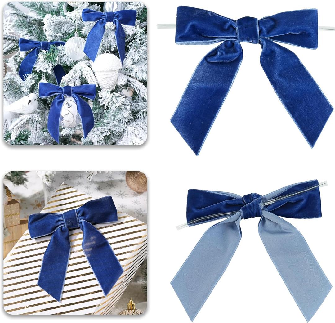 Navy Blue Velvet Ribbon Christmas Bow 5 Inch Premade Blue Bows for Christmas Tree Hanging Decorations Gift Wrapping Wreaths Crafts Outdoor Indoor Home Decor Wedding, Pack of 12