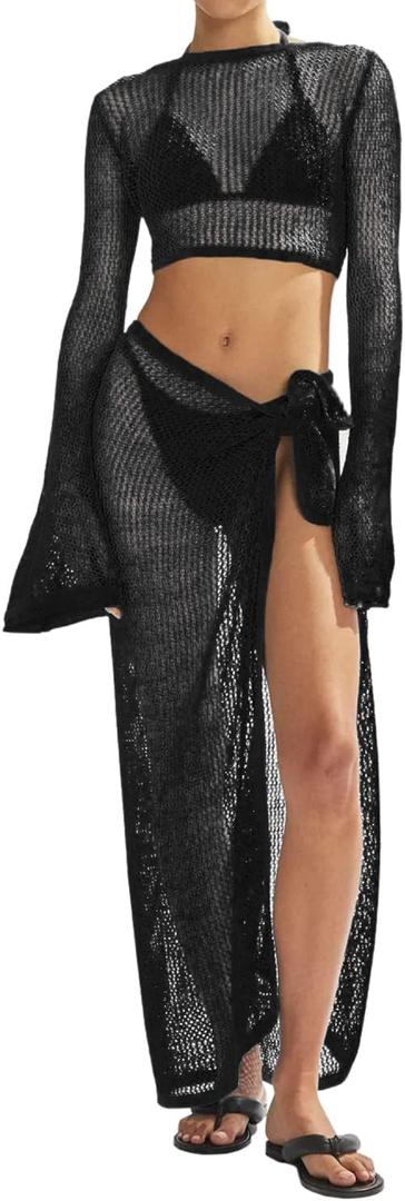 Women's Swimsuits Cover Ups Set for Crochet Bathing Suit Hollow Out 2 Piece Bikini Coverup Beach Swimwear (Black, M)
