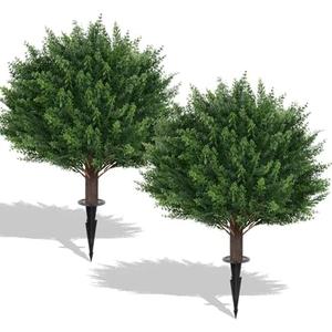 EverNature Artificial Cedar Topiary Ball Trees, 2 Set of 16'' UV Resistant Fake Evergreen Shrubs Bushes Plants with Ground Spike Fake Plants for Outdoor Indoor Front Porch Garden