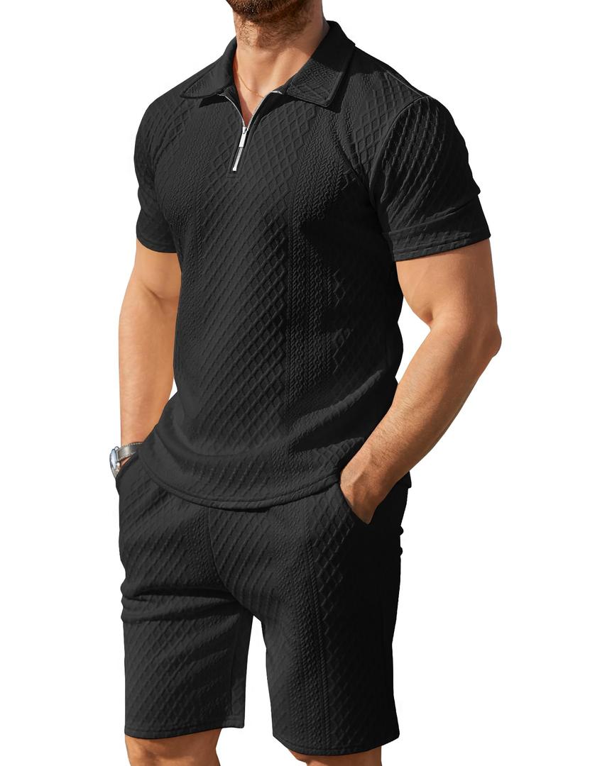 Csqopt Men's Polo Shirt and Shorts Set Summer Outfits Fashion Casual Short Sleeve Polo Suit for Men 2 Piece Shorts Tracksuit Black XL