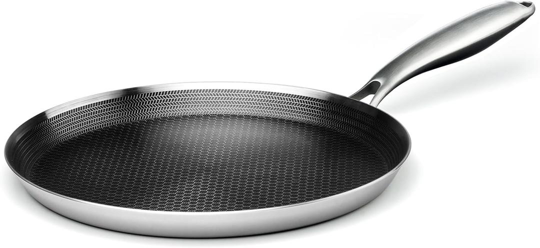 Innerwell Stainless Steel Crepe Pan - 11inch Nonstick Crepe Pan, Stainless Steel Honeycomb Coating Pancake Pan, Non Stick Flat Skillet Tawa Dosa Tortilla Griddle Pan, Induction Compatible, PFOA Free (Silver)